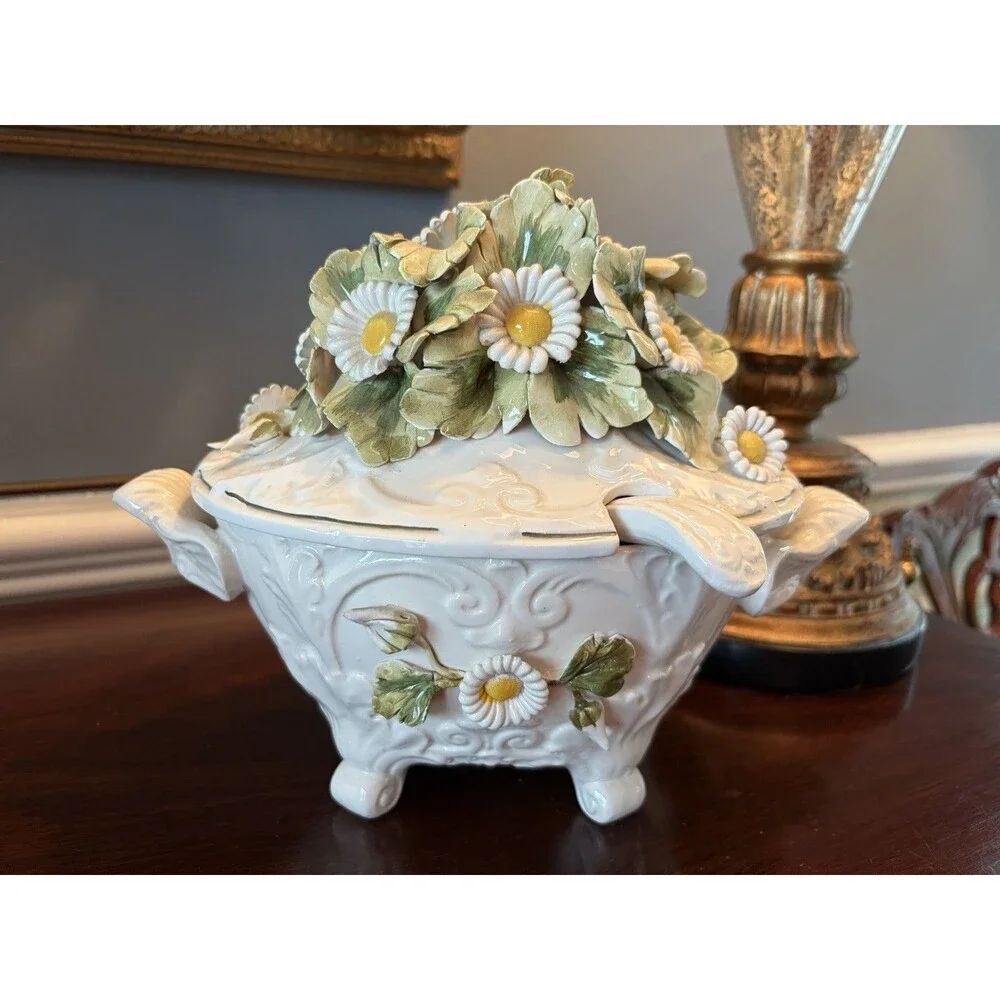 Vintage Italian Tureen Soup Serving Bowl Capodimonte Style w/ Ladle Daisy